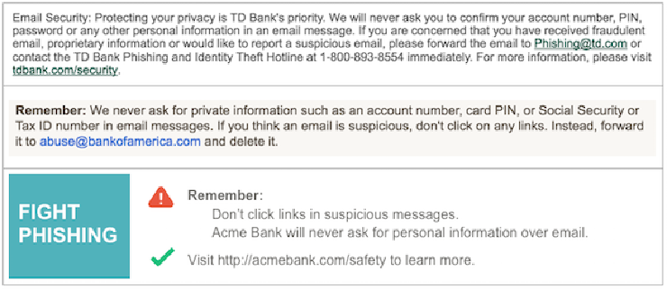 Sample Boilerplate text from TD Bank and Bank of America emails.