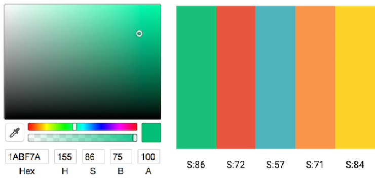 An image of a color picker and an image of the five shades of Simply Secure&rsquo;s color palette.
