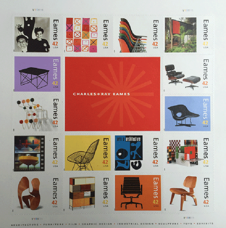 US Postage Stamps Commemorating Charles and Ray Eames. Photo by Ame Elliott