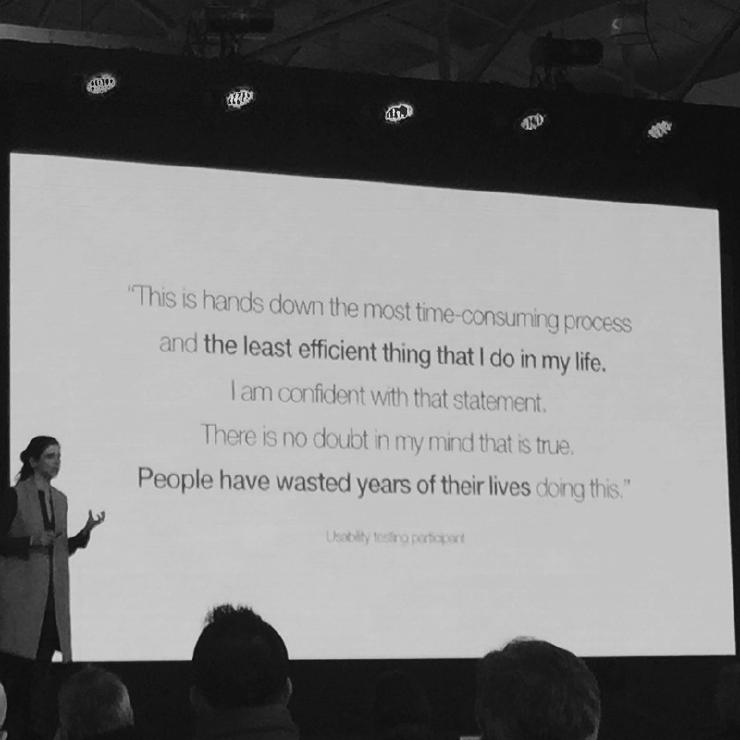 Image of a slide from the conference, which says: This is hands down the most time-consuming process and the least efficient thing that I do in my life. [&hellip;] People have wasted years of their lives doing this.