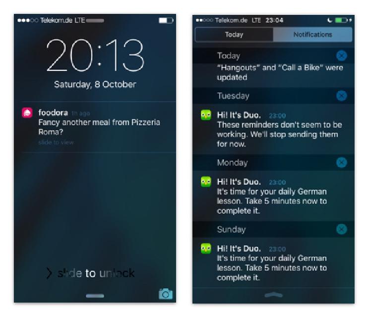 iOS notifications from food delivery service Foodora and language learning app Duolingo