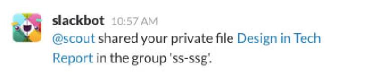 Screenshot from a Slack’s conversational interface indicating that a private file was shared in a particular channel by a particular user.