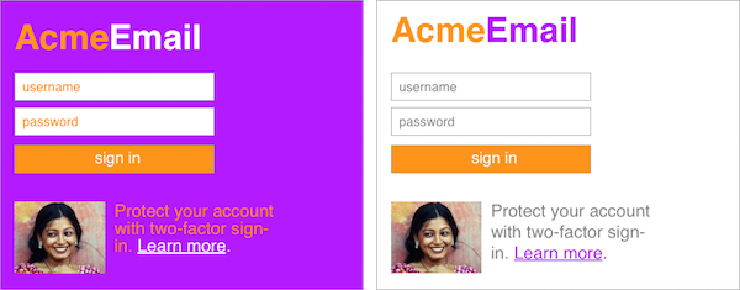 Two mockups of an email sign-in page, one with a bright purple background and one with a white background.