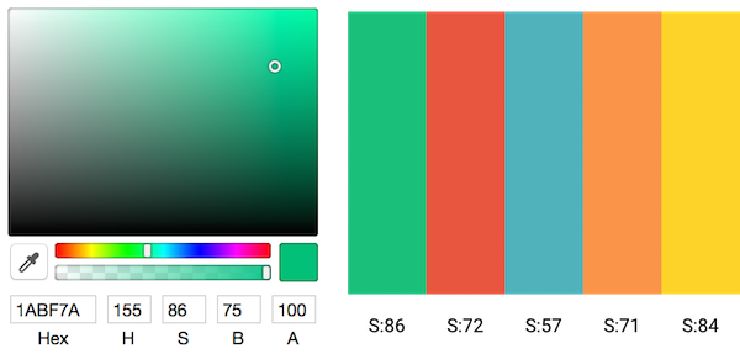 An image of a color picker and an image of the five shades of Simply Secure’s color palette.