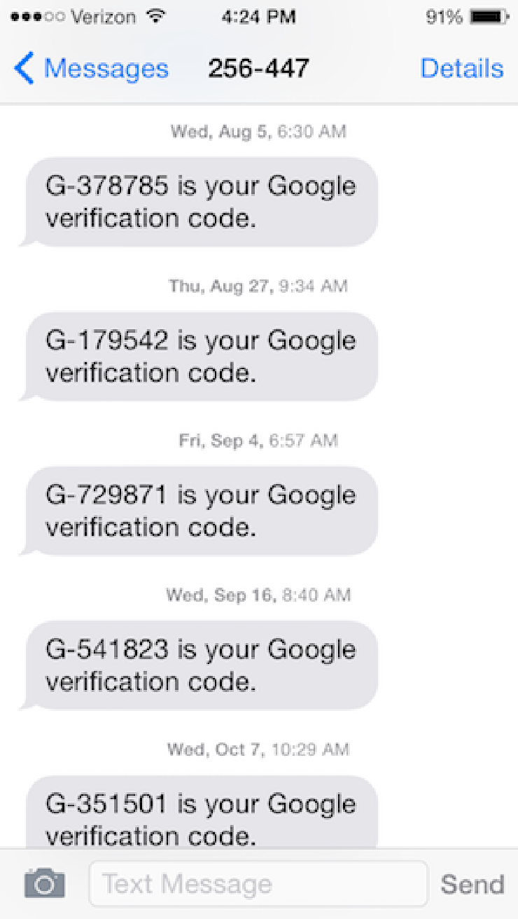 Screenshot showing a series of messages containing authentication codes from Google.