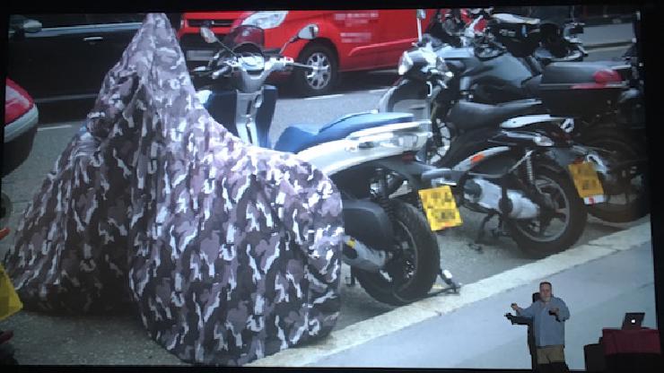 A covered motorcycle is less attractive to thieves than uncovered motorcycles nearby (from Stevyn Colgan&rsquo;s Hybrid Conf talk)