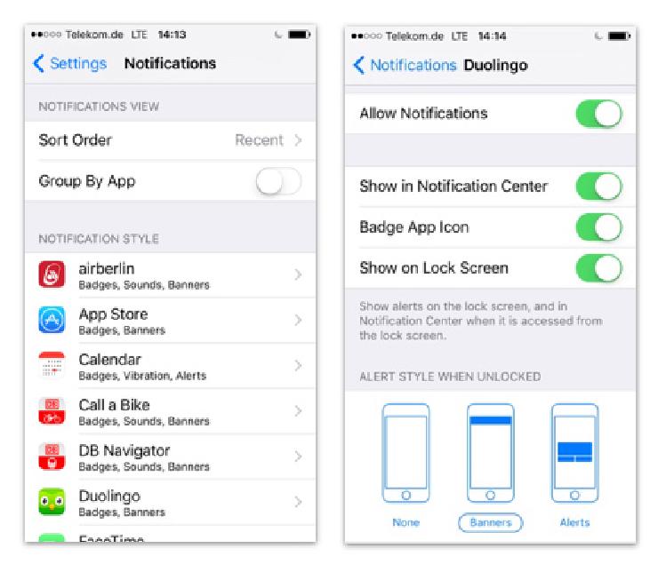 iOS notifications settings. Left: list of applications that generate notifications. Right: controls for an individual application.