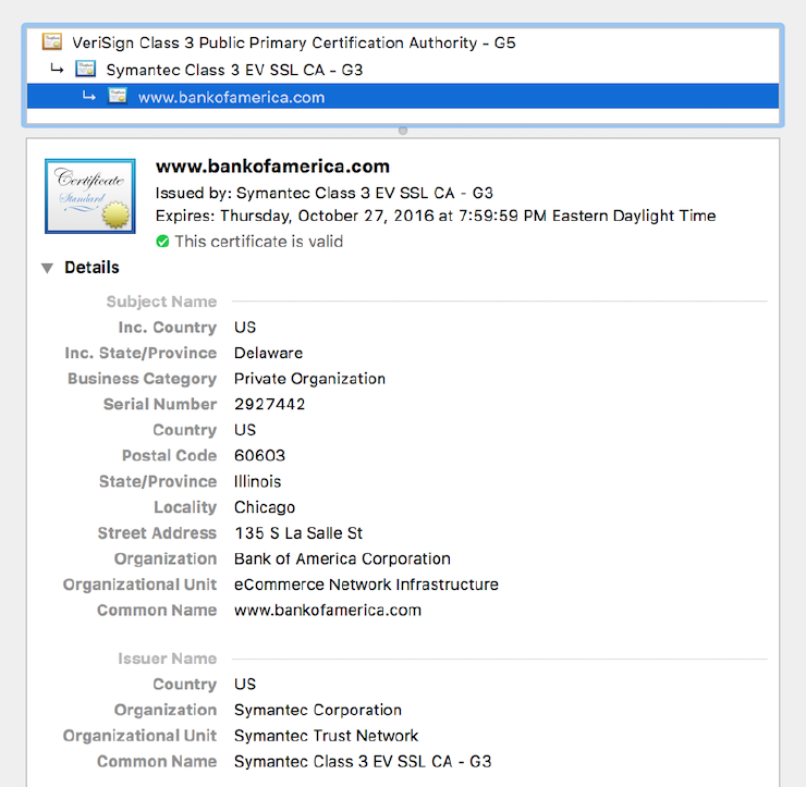 Screenshot of a SSL certificate, composed of data fields with values indicating that the certificate belongs to the Bank of America.