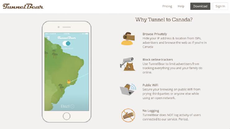 Screenshot of the TunnelBear website, which describes its security and privacy benefits in detail.