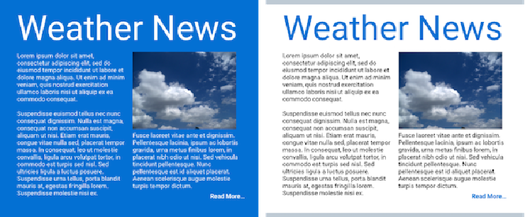 Two mockups of a weather newsletter, one with a dark blue background and the other with a white background.