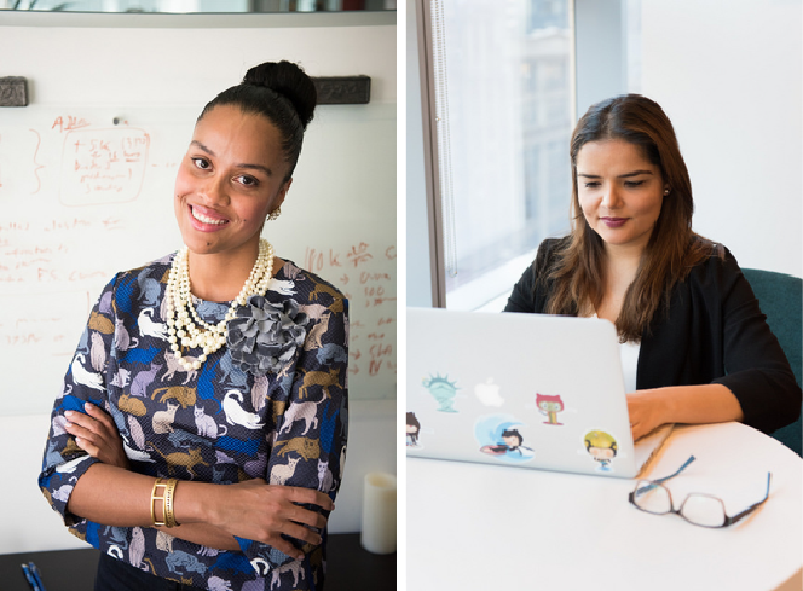 Photos of a woman of color standing in front of a whiteboard and of a woman of color using a laptop.