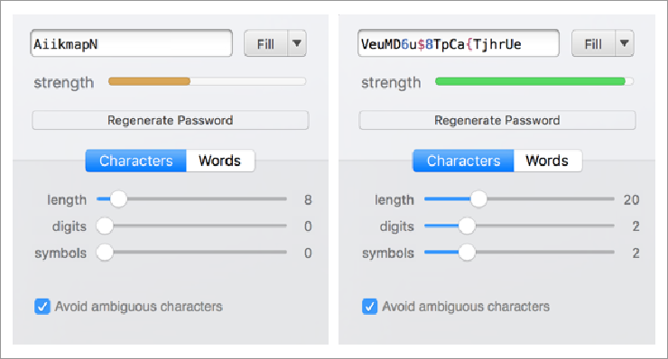 Screenshots of a password-generation interface, one where strength meter is low and one where the strength meter is high.