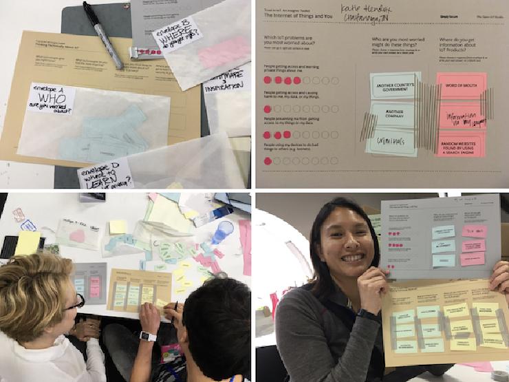 Photos of study materials, such as colored bits of paper and user responses on a visual survey.
