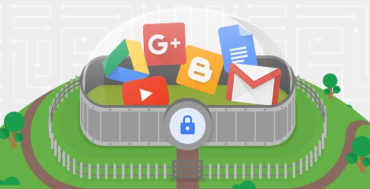 Illustration showing Google product icons behind both a gated fence and a high-tech locked forcefield bubble.