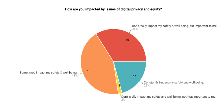 Breakdown of how people are personally impacted by issues of digital privacy and security. 2% say these issues don&rsquo;t impact their safety and well-being and are not important to them. 34% say they don&rsquo;t impact their safety and well-being but are important to them. 43% say these issues sometimes impact their safety and well-being. 21% say these issues constantly impact their safety and well-being.