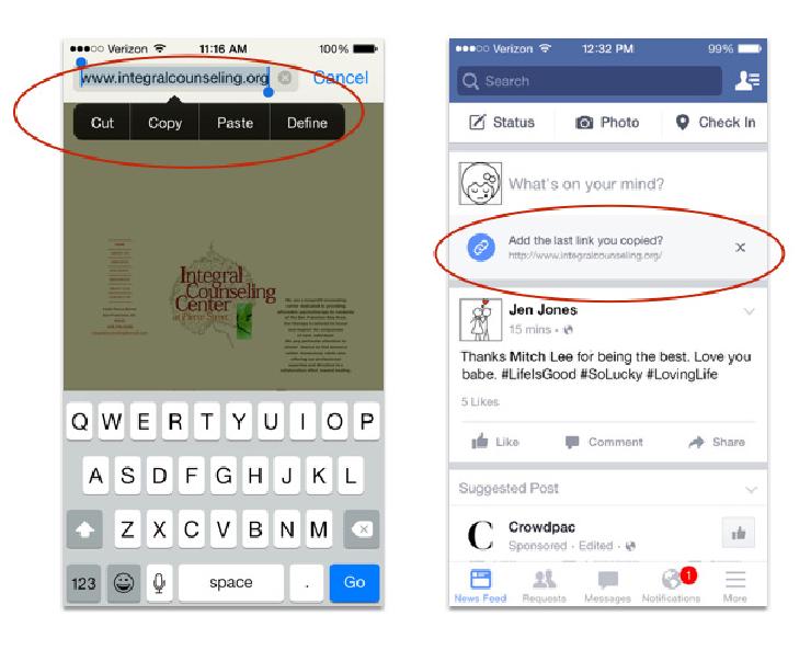 Screenshots of new Facebook URL feature