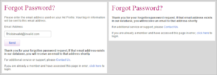Image: Screenshots from Ashley Madison&rsquo;s password-recovery form.