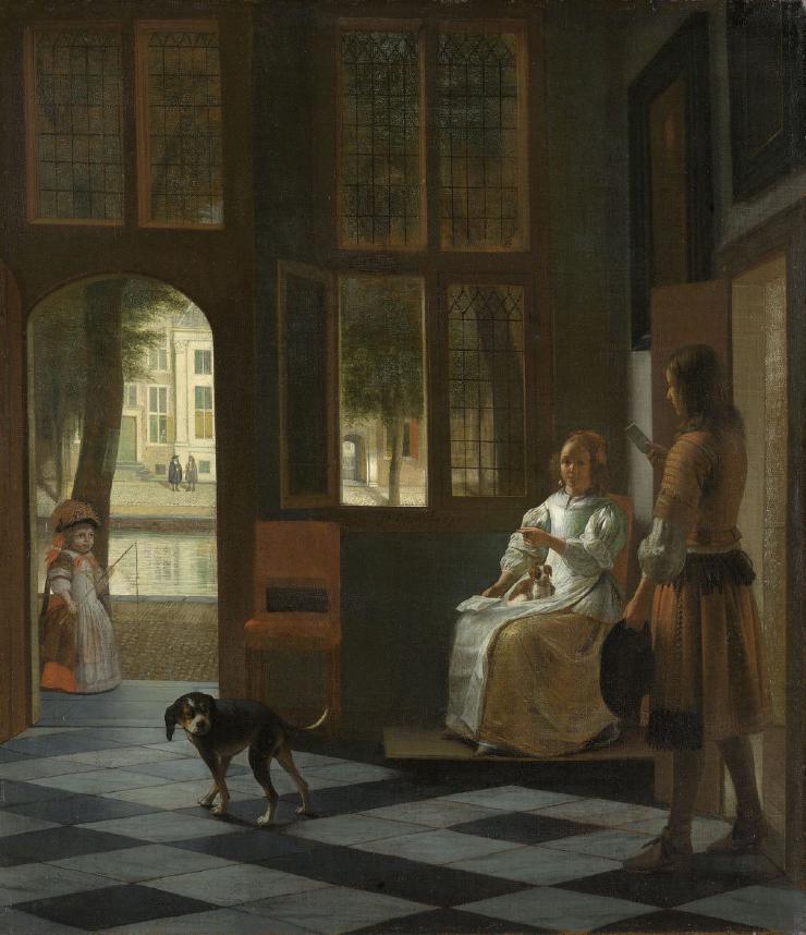 Pieter de Hooch, “Man Handing a Letter to a Woman in the Entrance Hall of a House.” from the Rijksmuseum.