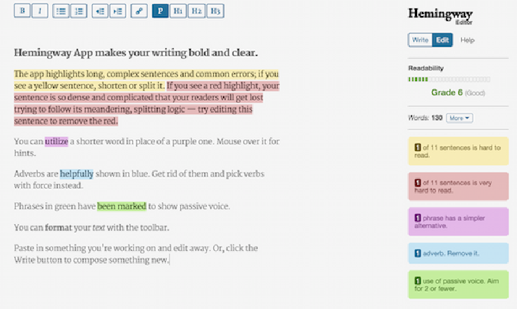 Image: Screenshot from Hemingway App, showing dynamic highlighting as you type.