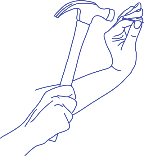 Minimalist line drawing of hands hammering nail