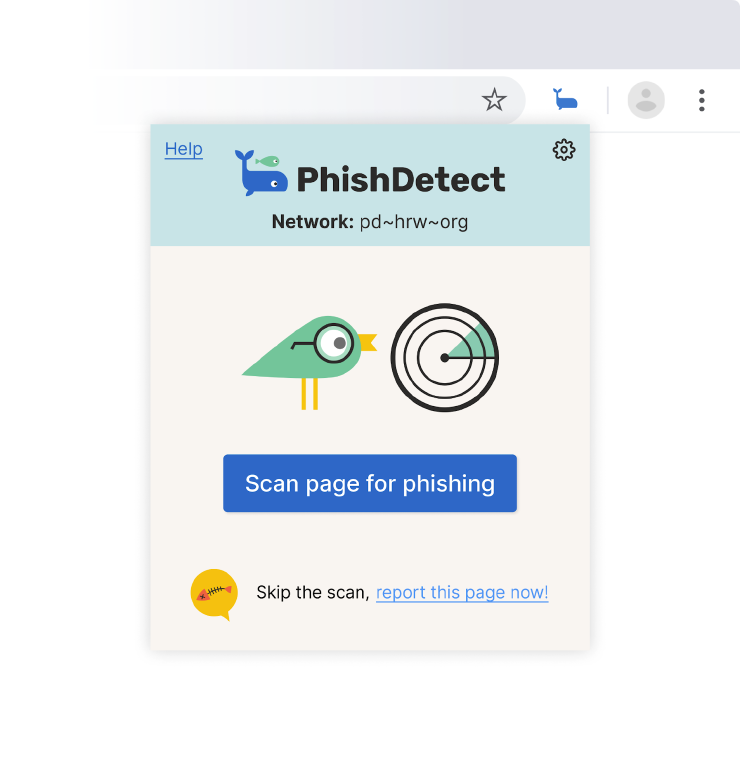 Phishing pop-up illustration with a bird and a radar circle