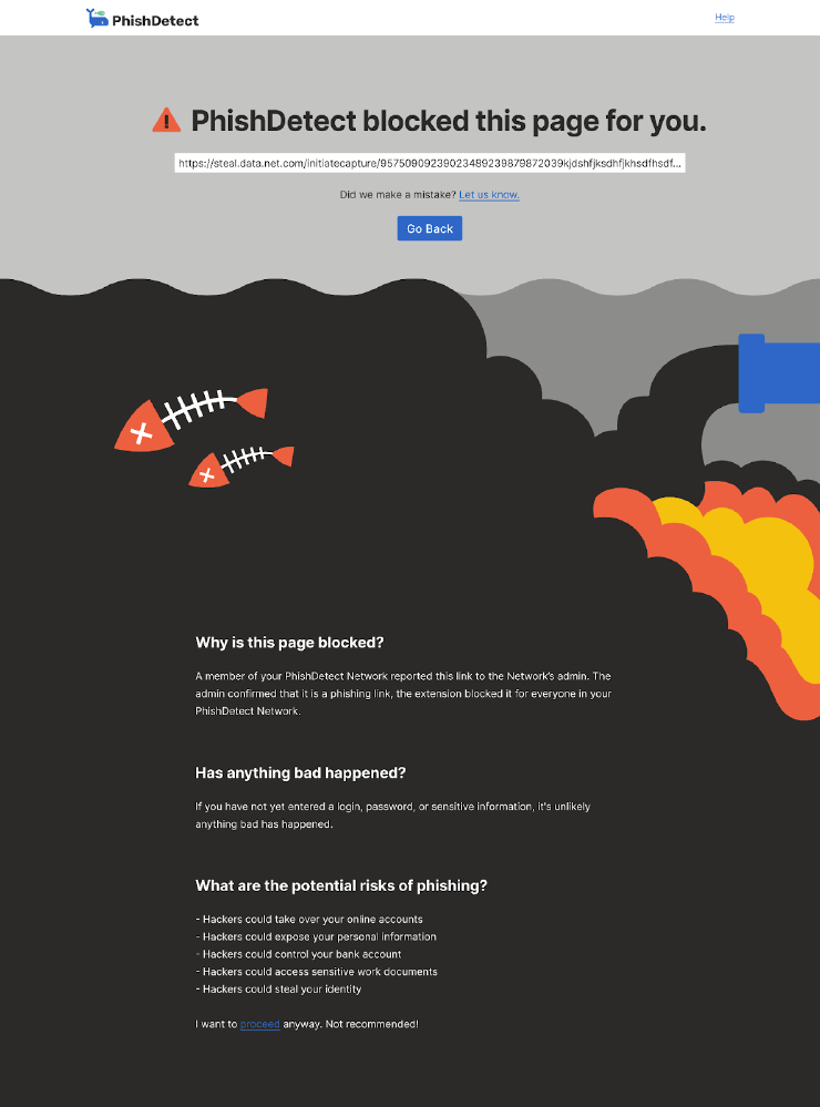 Phishing block page, with illustrations of pollution and dead fish