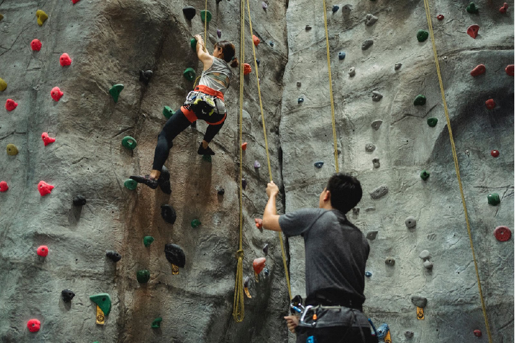 A femme person in exercise gear is shown halfway up an indoor climbing wall with a safety rope attached and a masc presenting person is holding the safety rope from the ground. Image chosen for this blog subject due to the metaphor of how coaching is like supporting people climbing a project related ‘wall’.