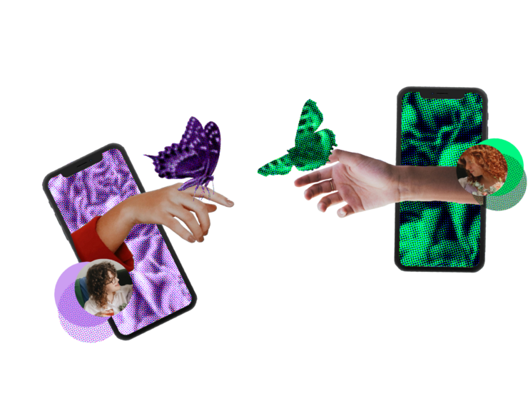 Image of two mobile phones with hands coming out of them pointing at one another with a butterfly on the index finger. Left hand phone with purple phone and butterfly. Right hand in green.