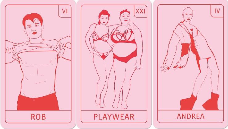 Tarot card style illustrations that were used for the workshops to communicate different kinds of people creating high-risk and/or adult content for platforms. There is a gender-non-conforming person with high platform shoes with a miniskirt, jacket and shaved head, a masc person with visible top-surgery scars and two femme presenting people one slim with dark hair and one larger with short locks in lingerie.