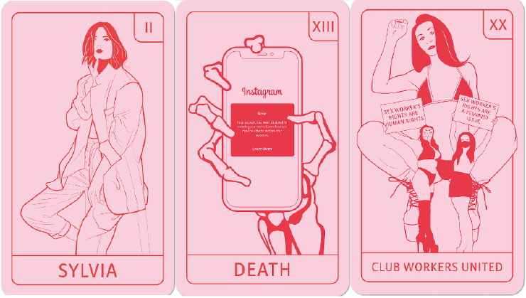 Tarot card style illustrations that were used for the high-risk workshops to communicate different kinds of people creating high-risk and/or adult content for platforms. There is a long haired person in a loose suit jacket and pants. A skeletal hand holding a phone with the Instagram logo and an error message that an account cannot be found and a femme presenting person, in a crouched position in dancing club clothing with a fist raised in power. There are two figures with protest signs below her that have messages that sex worker rights are human rights.