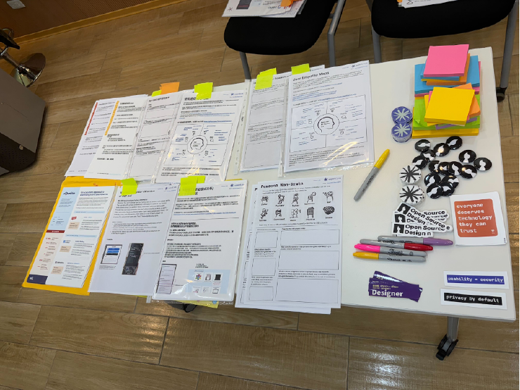 An image of various papers, sharpie pens, stickers and blank sticky notes piled on a table. These papers have both English and Mandarin translations of the exercises and content of the workshop.