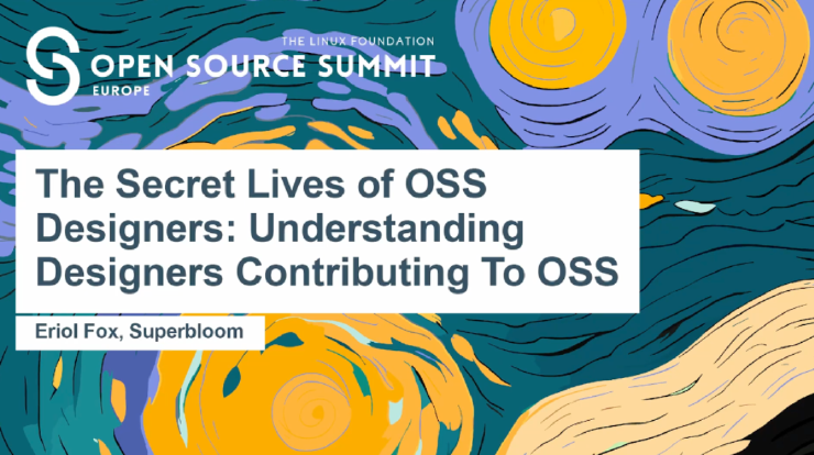 Event slide image. Teal/yellow/lilac Van Gogh style image with the slide title: The Secret Lives of OSS Designers: Understanding Designers Contributing to OSS