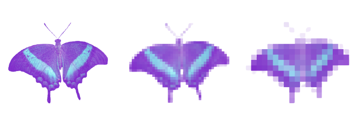 Image of three light purple butterflies side by side morphing from left to right - image to pixelated image