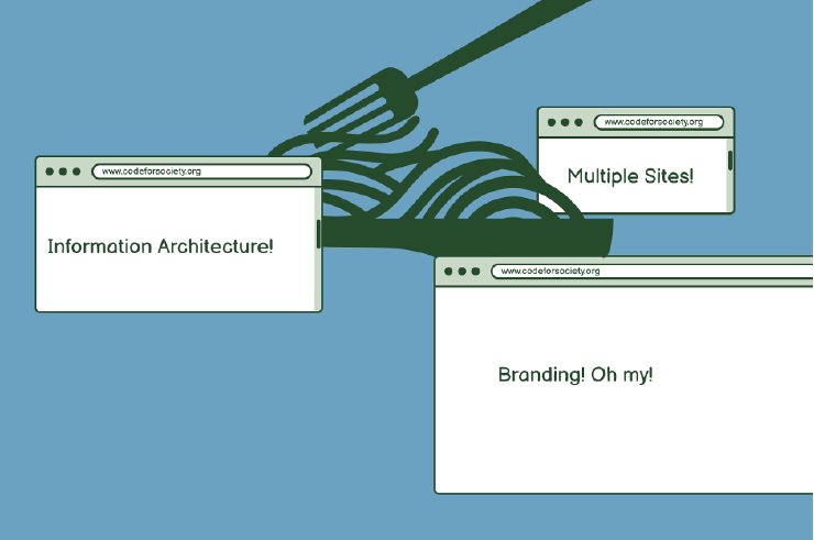 An illustration of a fork hovering over a plate of spaghetti and web page boxes with the words information architecture! multiple sites! and branding! Oh my!