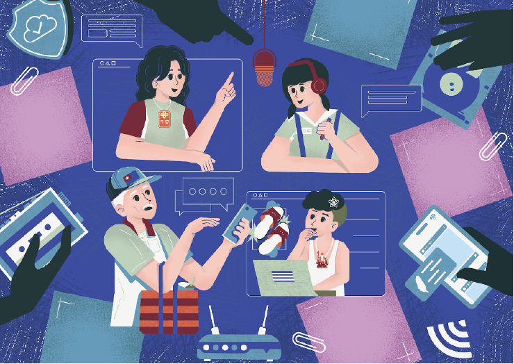 Image alt text: A stylised illustration of 4 people holding devices, speaking with each other with other technology and internet/web imagery surrounding them like routers, microphones and browser frames. There are sticky notes and paper clips in the background and silhouette hands holding smart phones, tape recorders and floppy disks. The people have various Taiwanese cultural symbols on them such as flag hats, vegetable bags and charm necklaces. Find out more about this image by reading the documentation by the artist, Vico Yang on Github here. This image is under the license Creative Commons Zero v1.0 Universal.